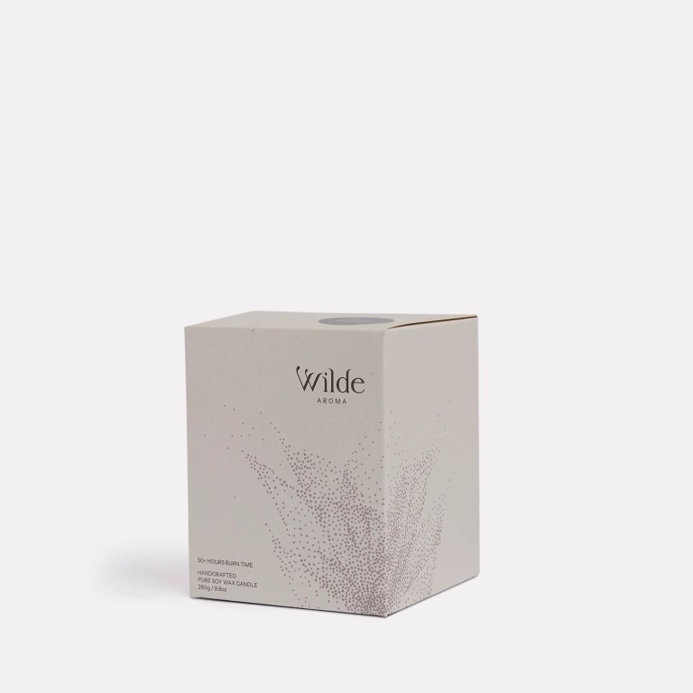Wilde Aroma soy wax candle box packaging.