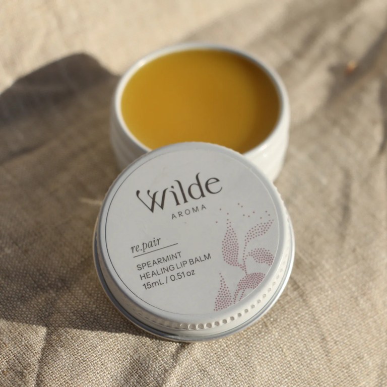 Wilde Aroma spearmint lip balm on fabric