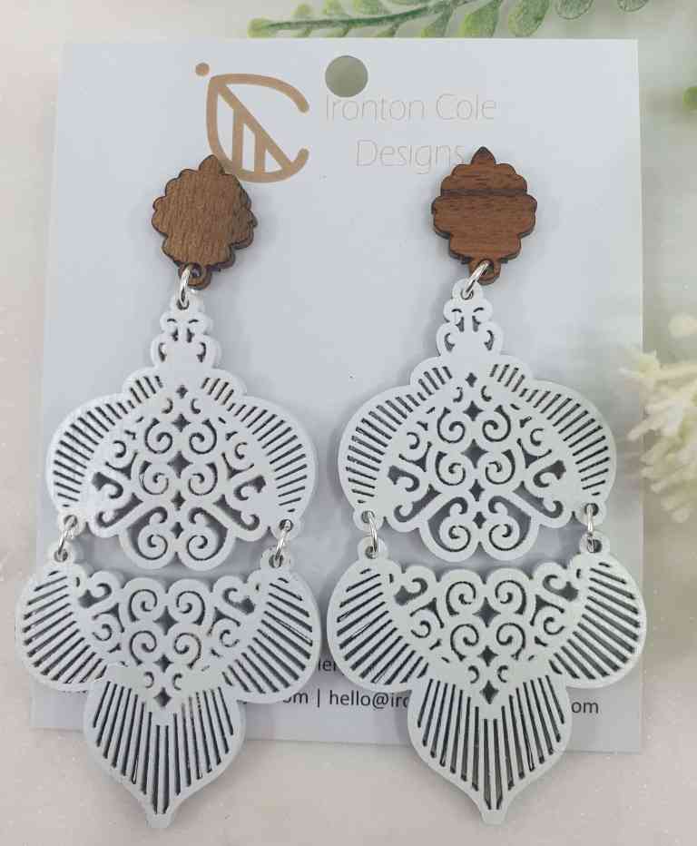 Morrocan inspired patterned earrings. Made from queensland walnut and hypoallergenic posts.