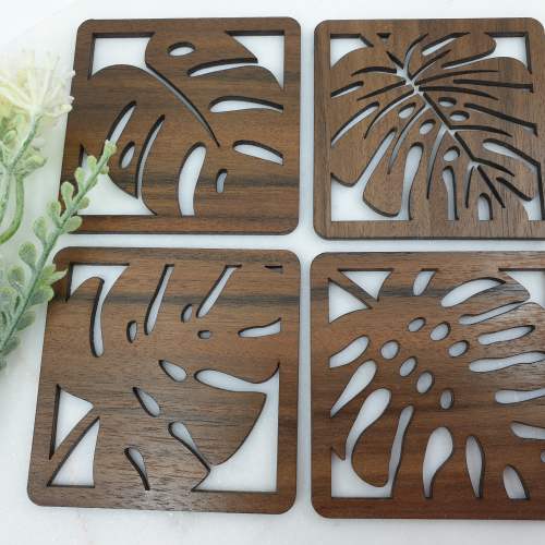 Monstera wooden coasters made from queensland walnut