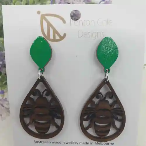 Bee earrings made from queensland walnut. Australian Made Bee earrings made from queensland walnut. Australian Made