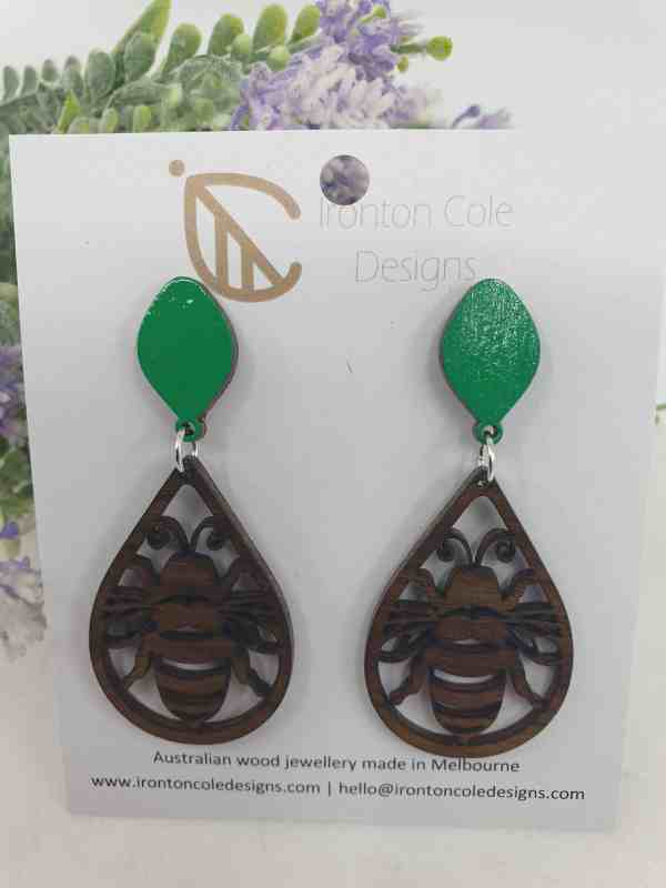 Bee earrings made from queensland walnut. Australian Made Bee earrings made from queensland walnut. Australian Made