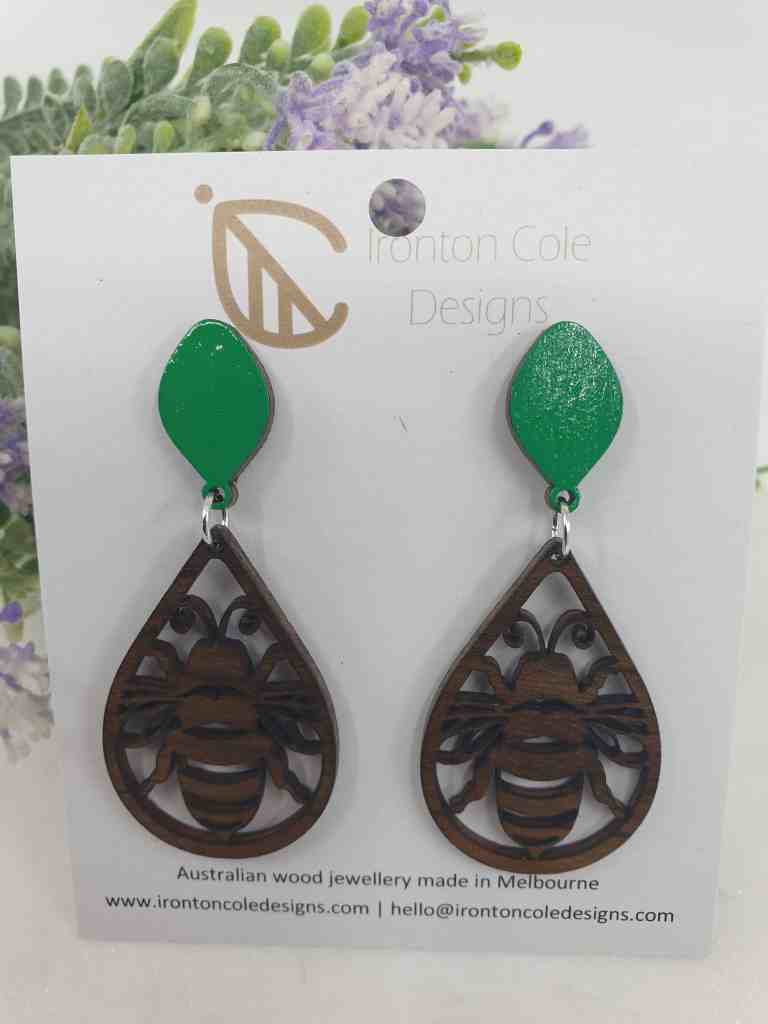 Bee earrings made from queensland walnut. Australian Made