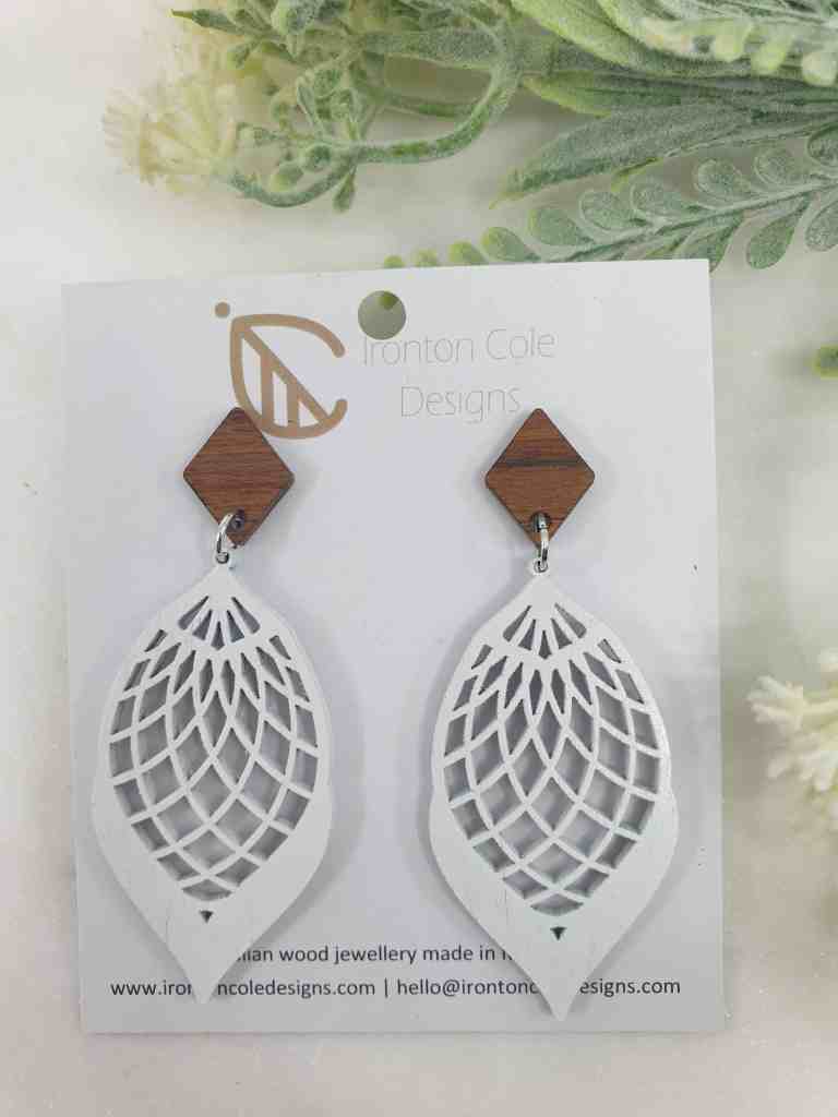 White cocoon wooden earrings