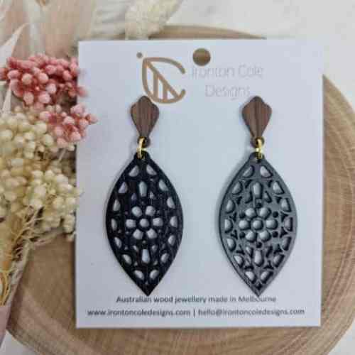 Women's Black Wooden Flower Earrings