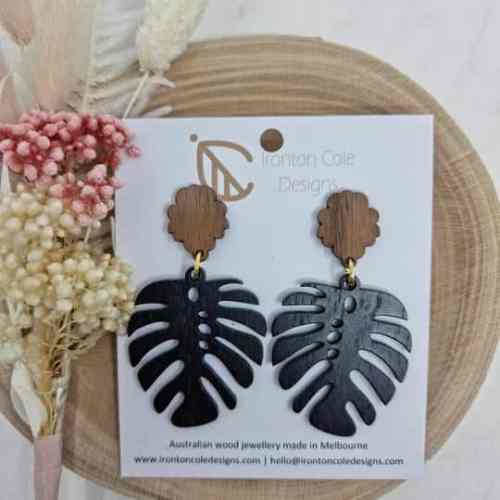 Women's Black Monstera Earrings