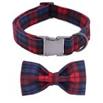 Paws Red and Green Plaid Cotton Fabric Dog Collar and Bow 1