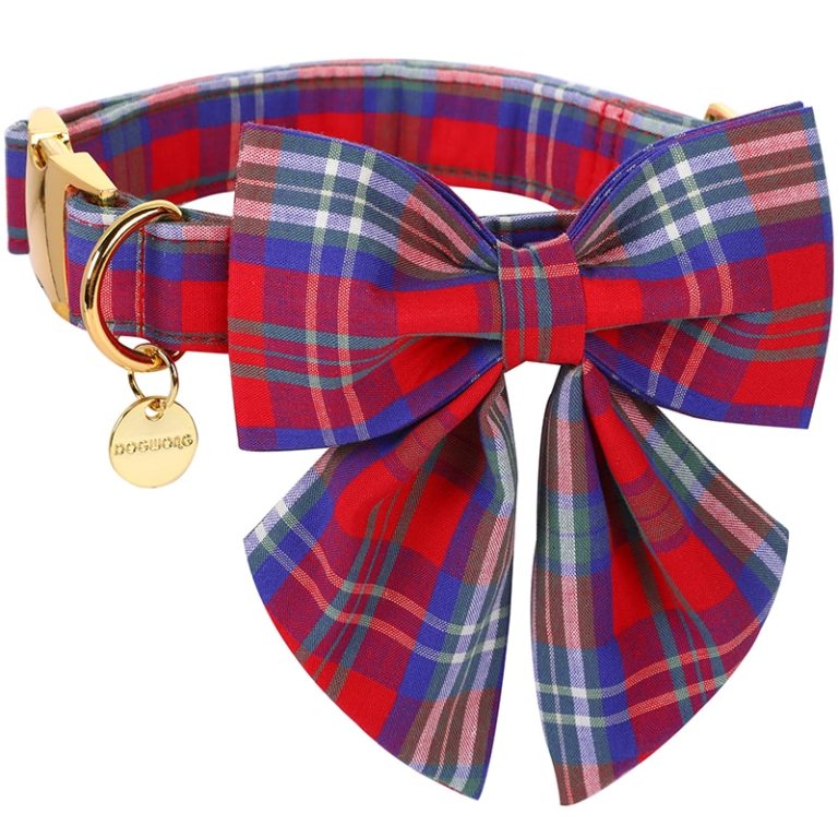 Luxurious Pet Collar with Sailor Bow Red & Blue Plaid