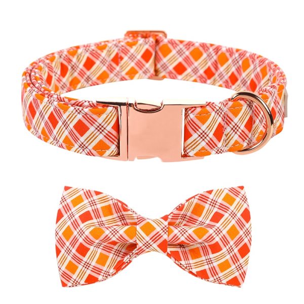 Orange Pet Collar with Bowtie Orange Plaid