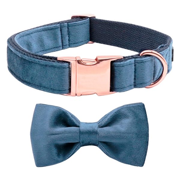 Paws Deep Blue Velvet Soft Collar with Bow tie and Leash 1