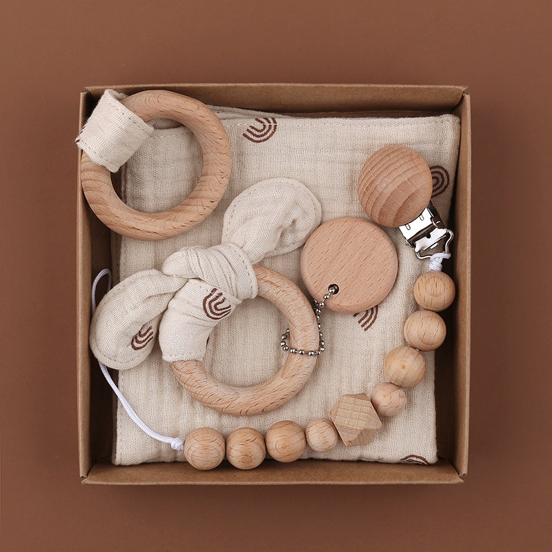 Baby Bath Toy Set Wooden Rattle Infant Babyplay Cotton Comfort Towel Baby Teether Wood Ring Baby Shower Gift With Gift Box 1