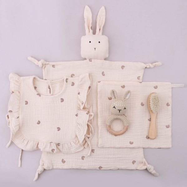 Newborn Mobile Gym Educational Ring Teething Toy Baby Cotton Bib Gauze Baby Wooden Ring Rattle Crochet Wool Toy Pacifier Chain 3
