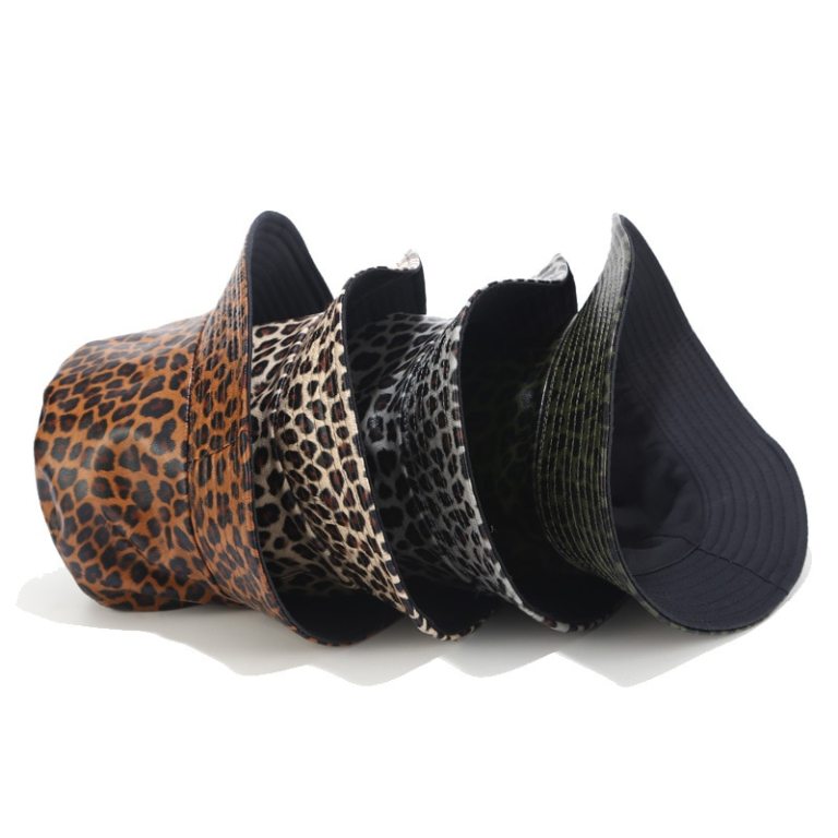 Leopard faux leather bucket fisherman hat.
