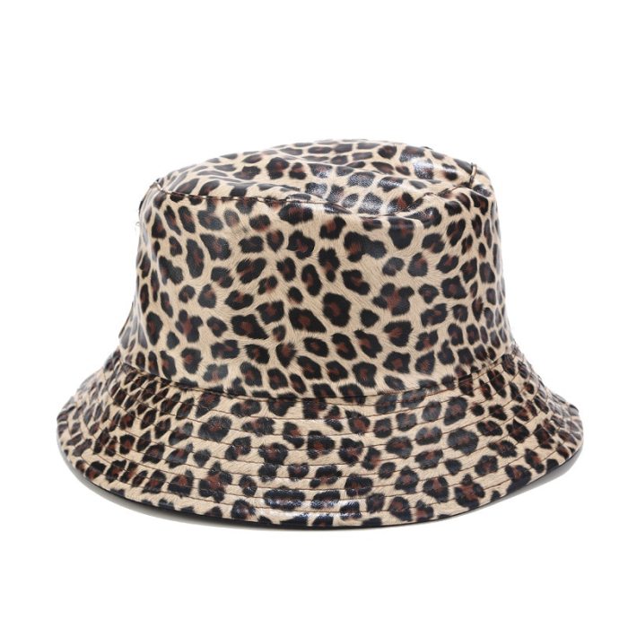 Leopard faux leather bucket fisherman hat.