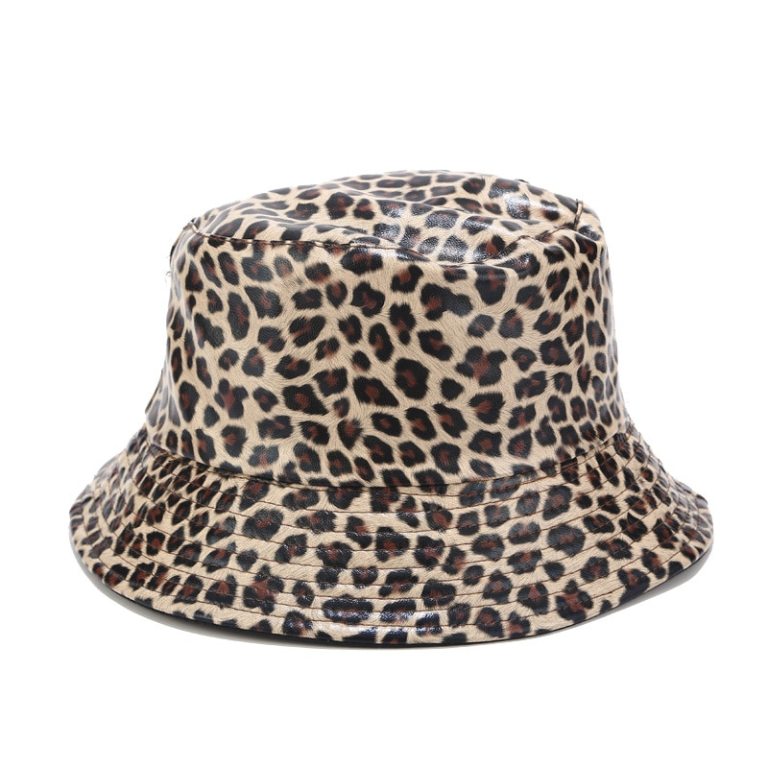 Leopard faux leather bucket fisherman hat.