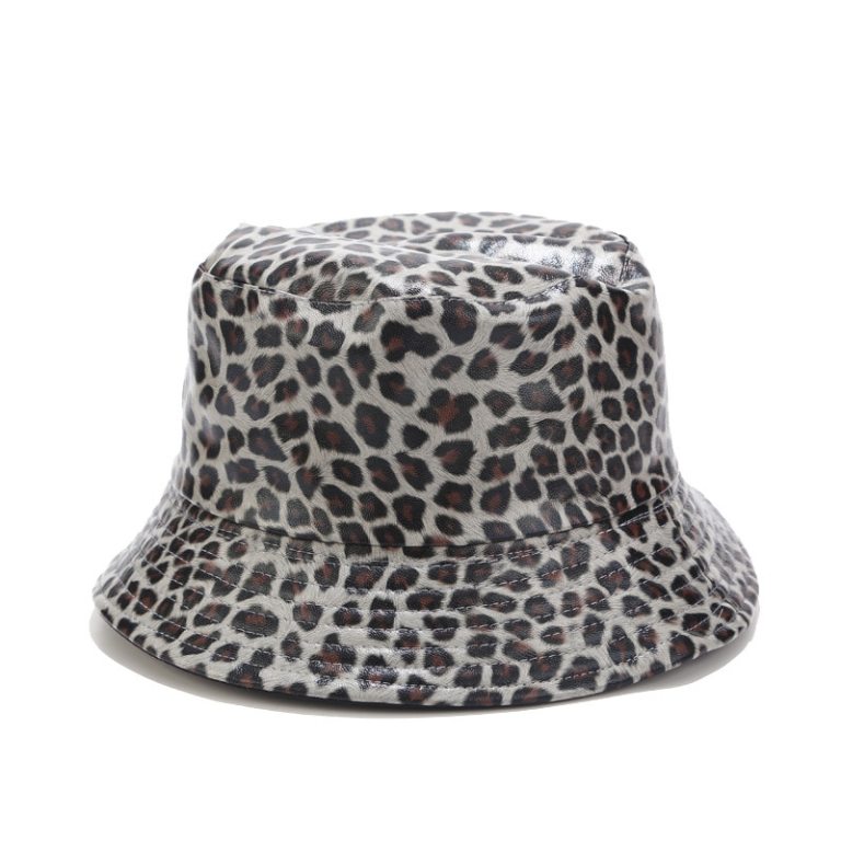 Leopard faux leather bucket fisherman hat.