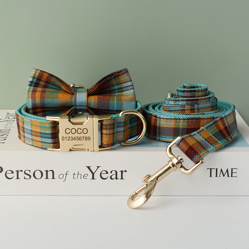Tartan Pet Collar Leash Set with Bow Tie