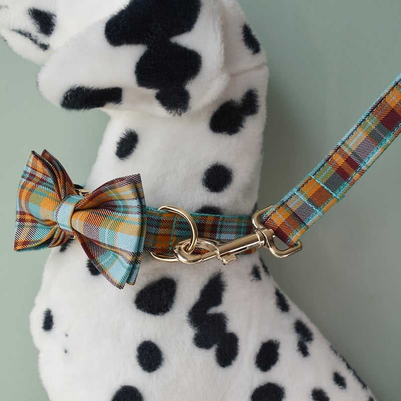Tartan Pet Collar Leash Set with Bow Tie