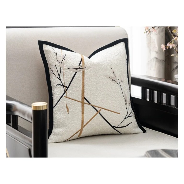 Modern Leaf Embroidered Ivory Black Cushion Cover Modern Leaf Embroidered Ivory Black Cushion Cover