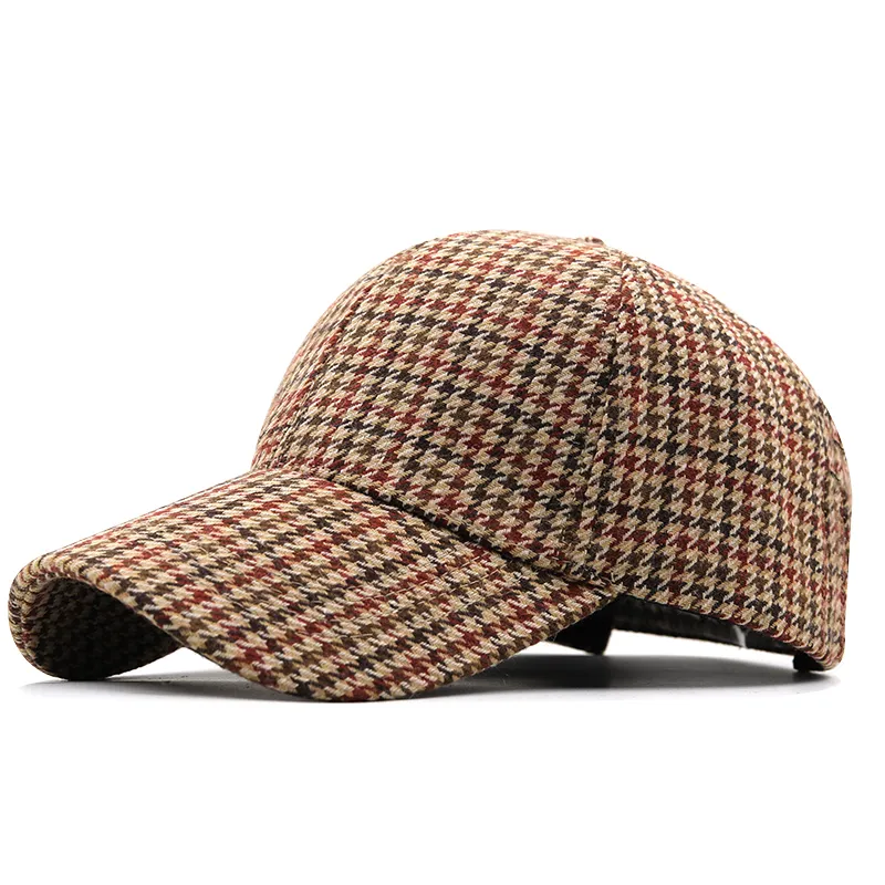 Brown Houndstooth Plaid Baseball Cap