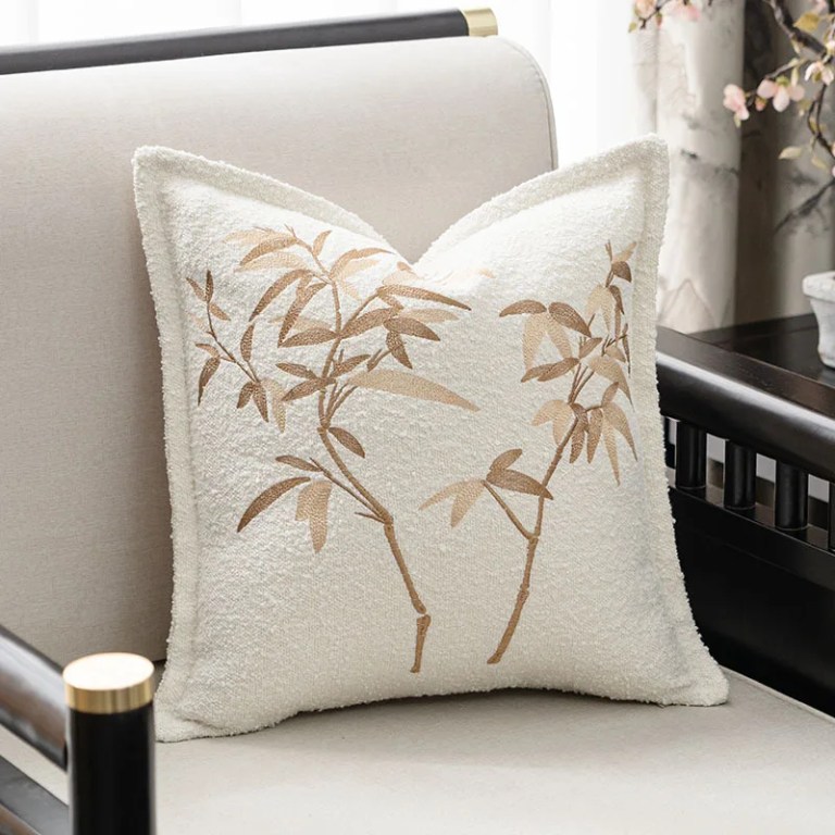 Modern Leaf Embroidered Ivory Black Cushion Cover Modern Leaf Embroidered Ivory Black Cushion Cover