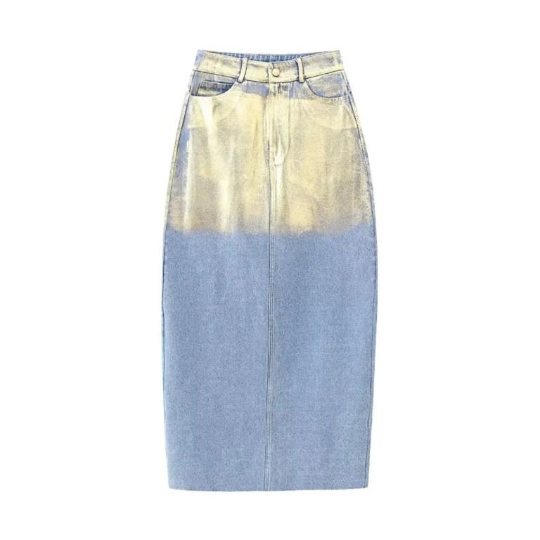 Women’s Fashion Metallic Short Denim Jacket High Waist Split Half Skirt Set