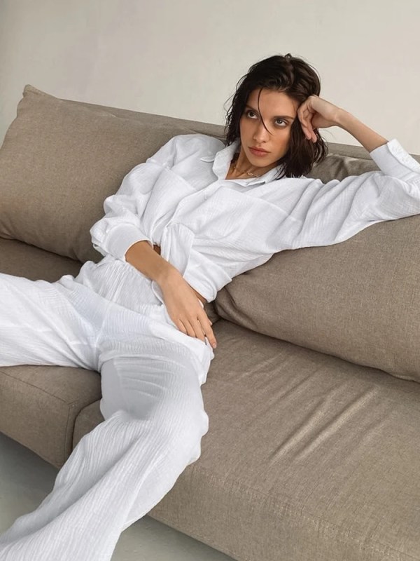 Loungewear White Pyjamas Set For Women Cotton Long Sleeve 2 Piece Loungewear White Pyjamas Set For Women Cotton Long Sleeve 2 Piece