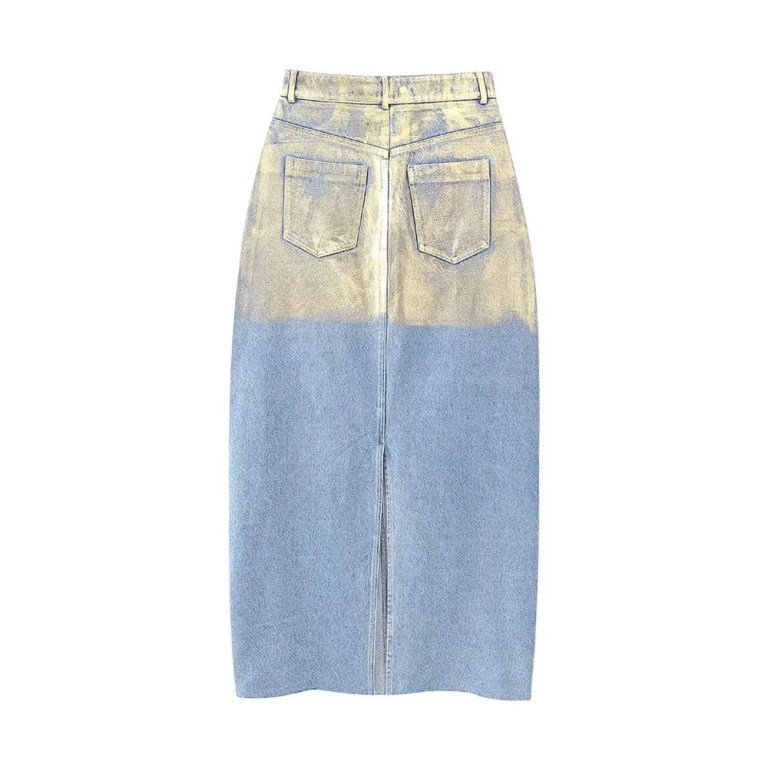 Women’s Fashion Metallic Short Denim Jacket High Waist Split Half Skirt Set
