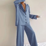 Womens Satin Loose Pajama Loungewear Single Breasted Set