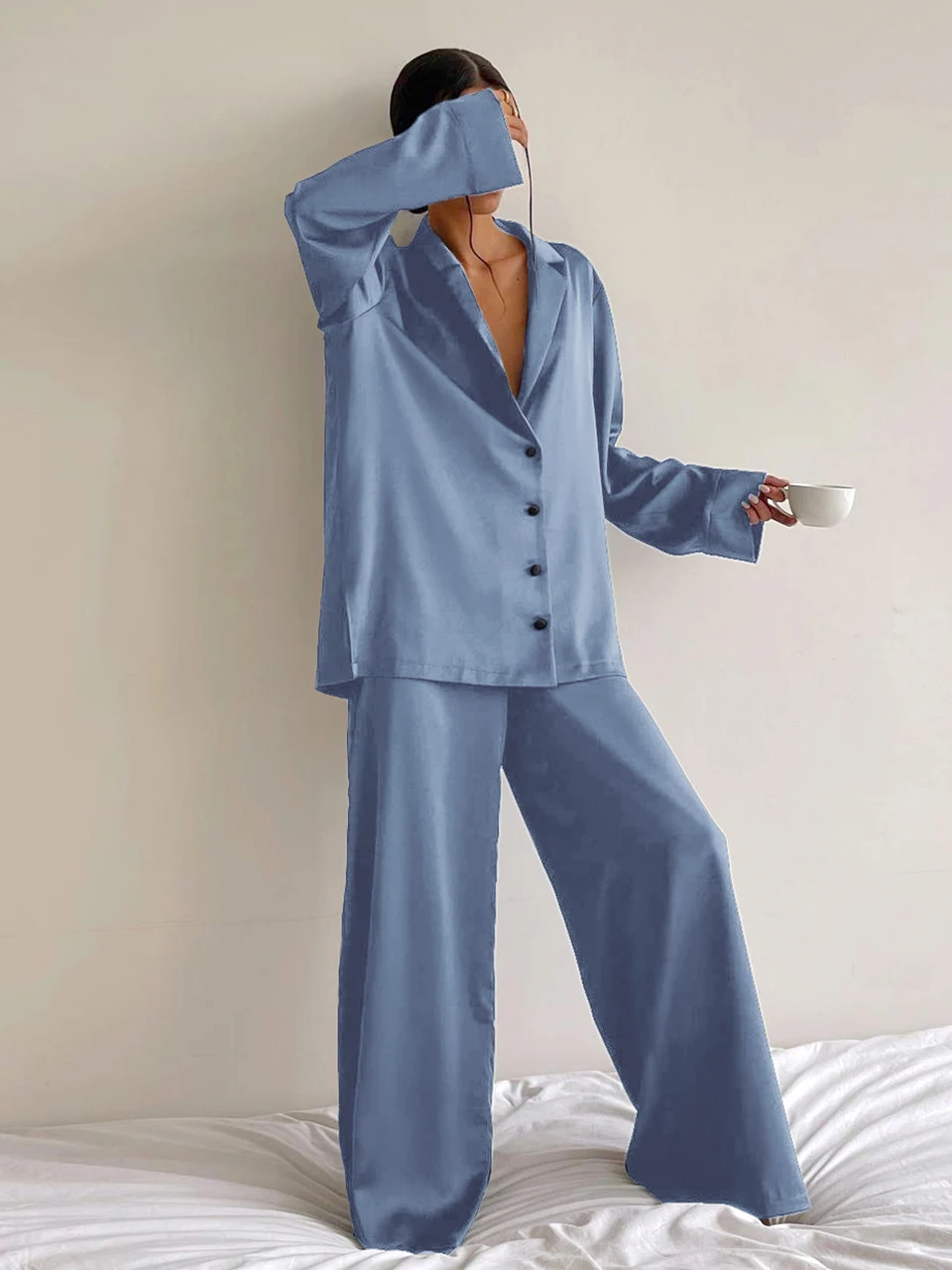 Womens Satin Loose Pajama Loungewear Single Breasted Set