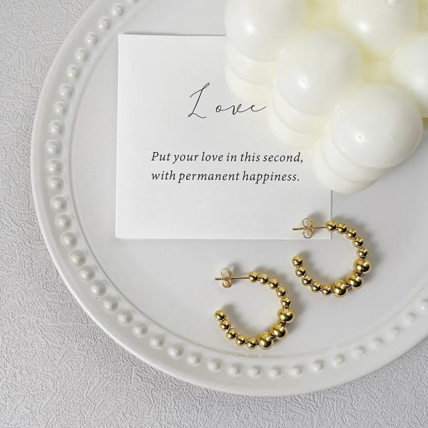 Beaded Hoop Earrings For Women Geometric Gold / Stainless Steel Beaded Hoop Earrings For Women Geometric Gold / Stainless Steel
