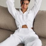 Loungewear White Pyjamas Set For Women Cotton Long Sleeve 2 Piece