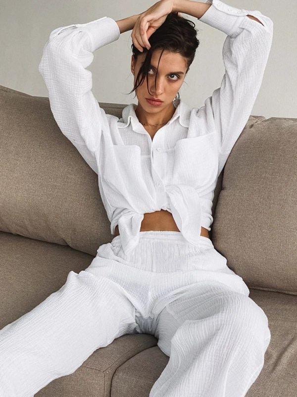Loungewear White Pyjamas Set For Women Cotton Long Sleeve 2 Piece Loungewear White Pyjamas Set For Women Cotton Long Sleeve 2 Piece