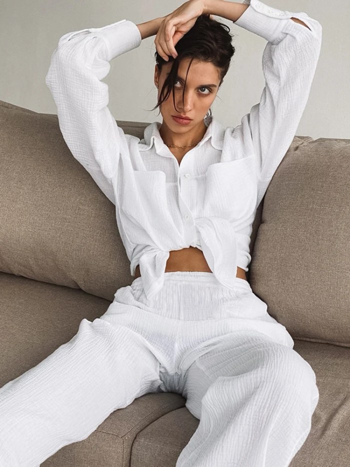 Loungewear White Pyjamas Set For Women Cotton Long Sleeve 2 Piece