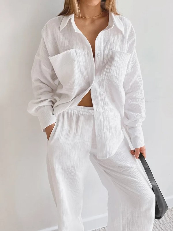 Loungewear White Pyjamas Set For Women Cotton Long Sleeve 2 Piece Loungewear White Pyjamas Set For Women Cotton Long Sleeve 2 Piece
