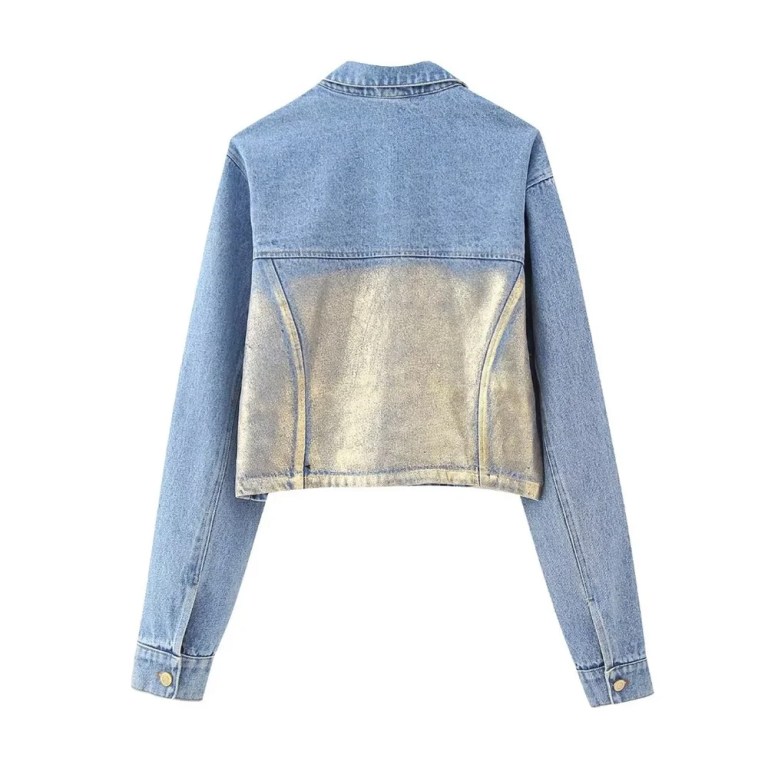 Women’s Fashion Metallic Short Denim Jacket High Waist Split Half Skirt Set