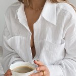 Loungewear White Pyjamas Set For Women Cotton Long Sleeve 2 Piece