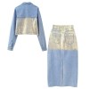 Women’s Fashion Metallic Short Denim Jacket High Waist Split Half Skirt Set
