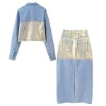 Women’s Fashion Metallic Short Denim Jacket High Waist Split Half Skirt Set