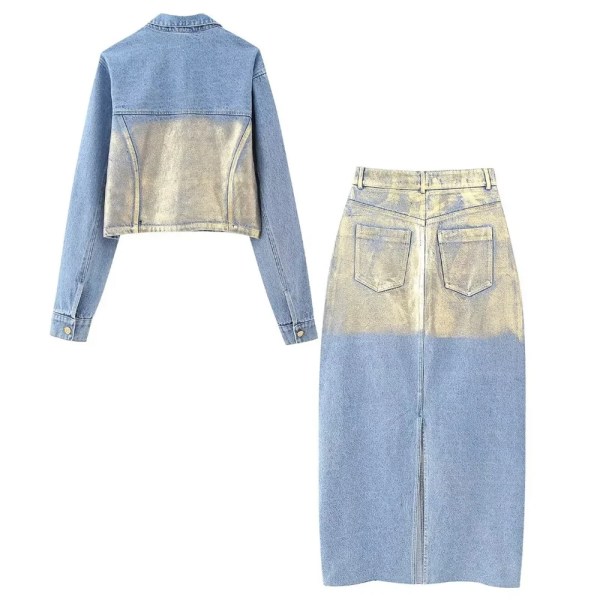 Women’s Fashion Metallic Short Denim Jacket High Waist Split Half Skirt Set