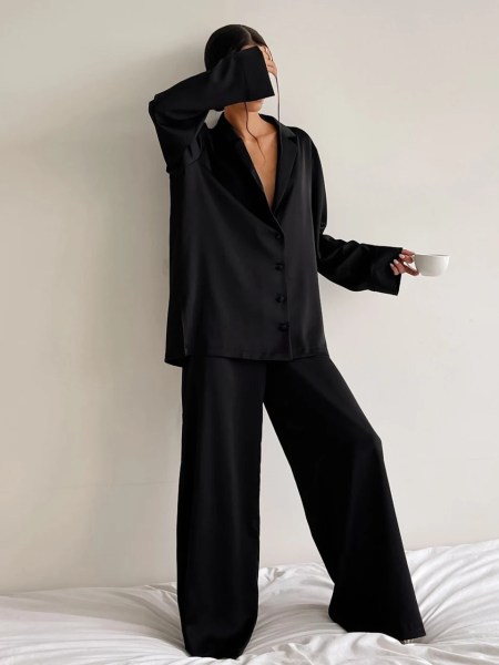Womens Satin Loose Pajama Loungewear Single Breasted Set