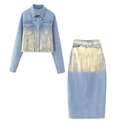 Women’s Fashion Metallic Short Denim Jacket High Waist Split Half Skirt Set