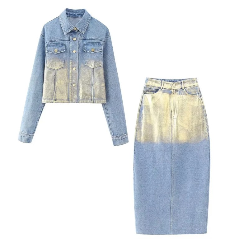 Women’s Fashion Metallic Short Denim Jacket High Waist Split Half Skirt Set