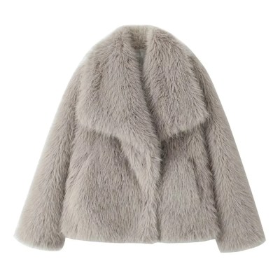 Women’s Casual Retro Solid Flip Collar Artificial Fur Warm Coat