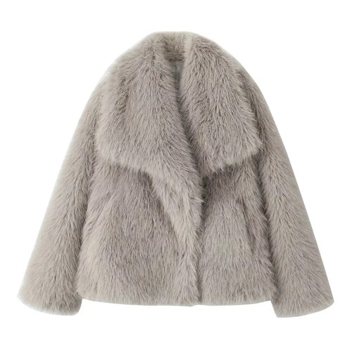 Women’s Casual Retro Solid Flip Collar Artificial Fur Warm Coat