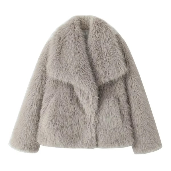 Women’s Casual Retro Solid Flip Collar Artificial Fur Warm Coat