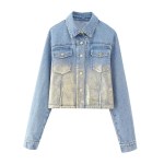 Women’s Fashion Metallic Short Denim Jacket High Waist Split Half Skirt Set