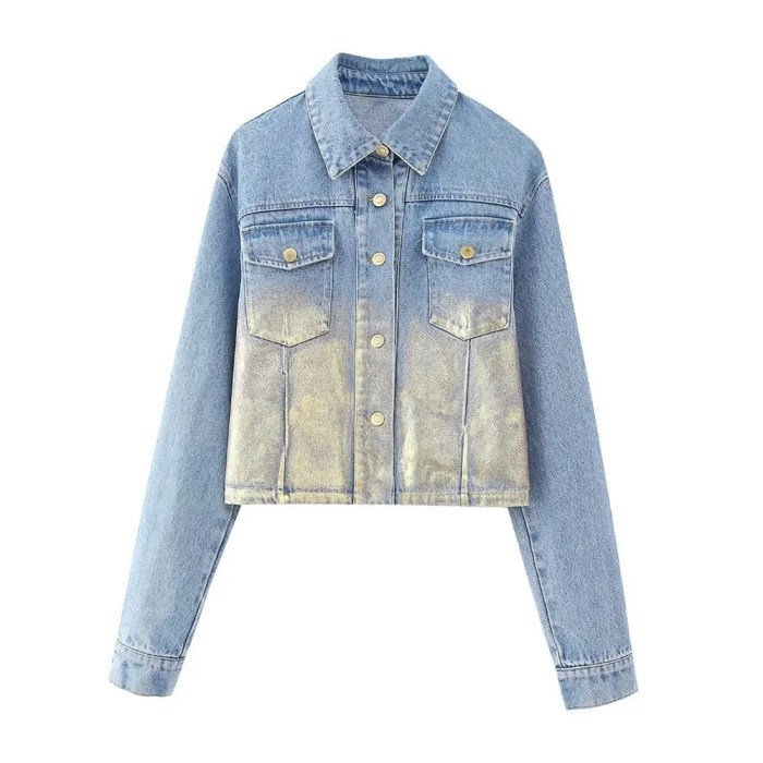 Women’s Fashion Metallic Short Denim Jacket High Waist Split Half Skirt Set