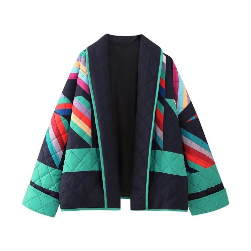 Womens Retro Quilted Coat Jacket Green & Black