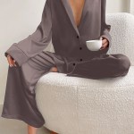 Womens Satin Loose Pajama Loungewear Single Breasted Set